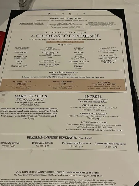 menu 2 of Fogo de Chão Brazilian Steakhouse