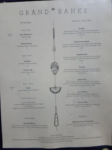 menu 0 of Grand Banks