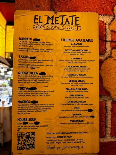 menu 1 of El Metate