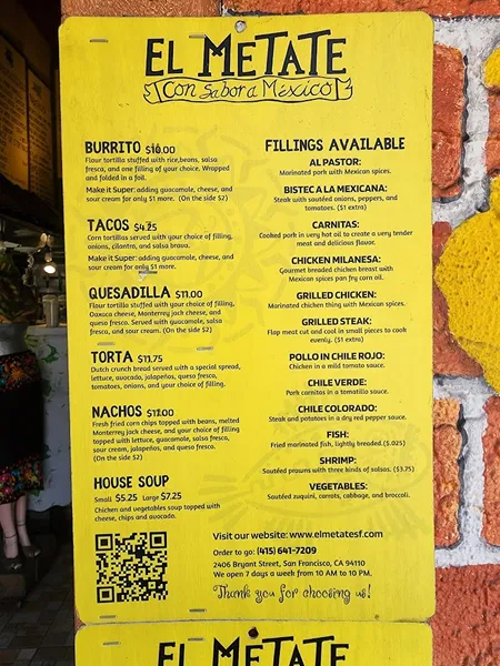 menu 2 of El Metate