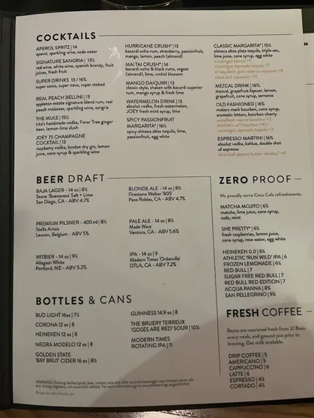 menu 1 of JOEY DTLA