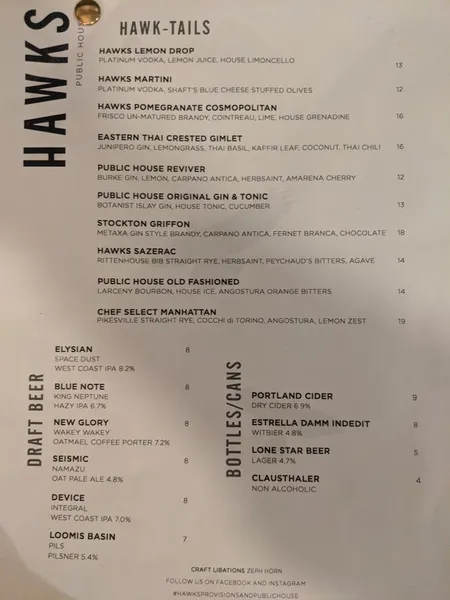 menu 0 of Hawks Public House