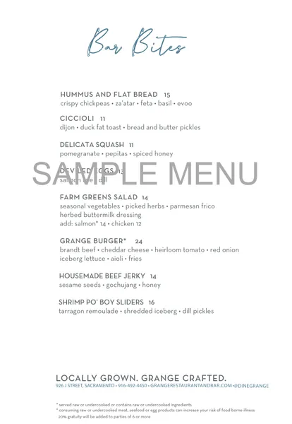 menu 0 of Grange Restaurant & Bar