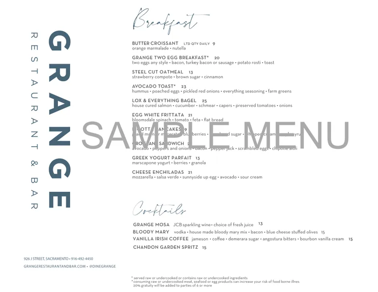 menu 1 of Grange Restaurant & Bar