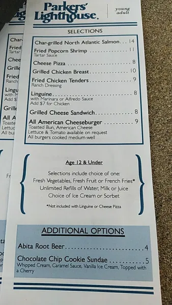 menu 1 of Parkers' Lighthouse