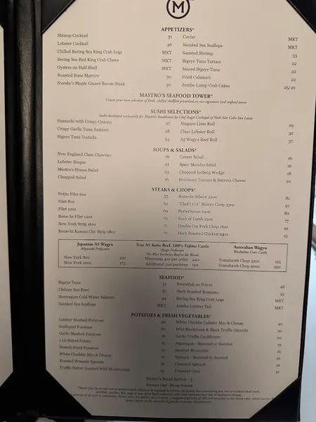 menu 1 of Mastro's Ocean Club