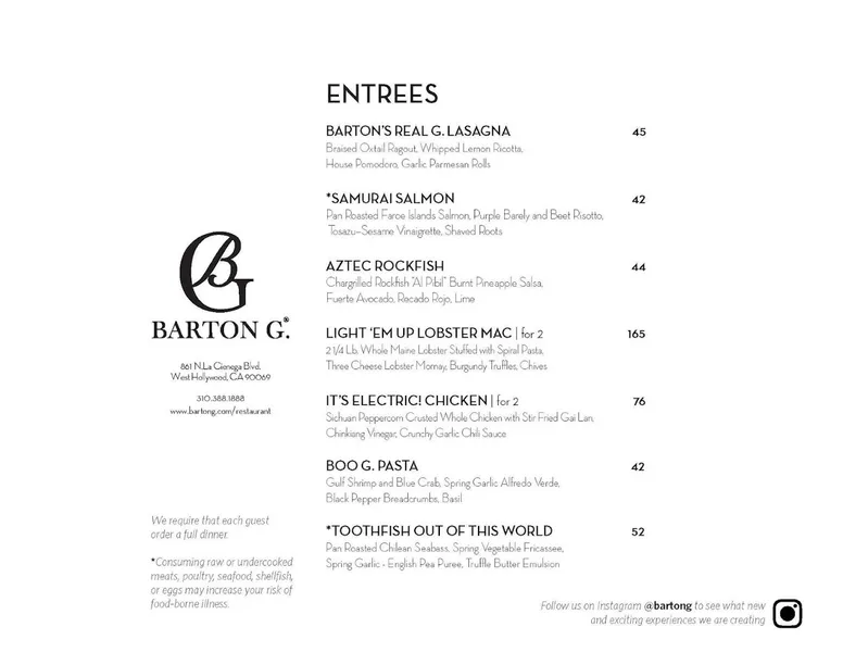 menu 0 of Barton G. The Restaurant Los Angeles