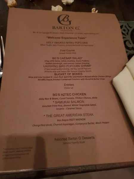 menu 1 of Barton G. The Restaurant Los Angeles