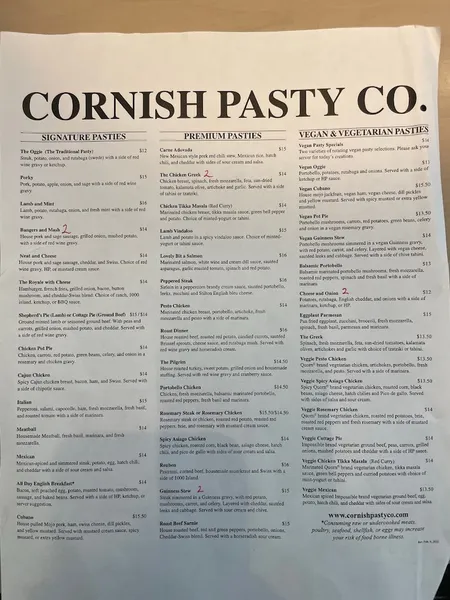 menu 0 of Cornish Pasty Co