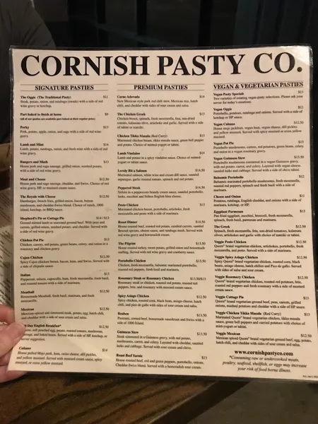 menu 1 of Cornish Pasty Co