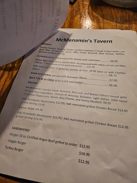 menu 1 of McMenamin's Tavern