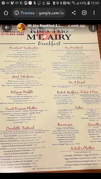 menu 1 of Mt Airy Breakfast & Lunch