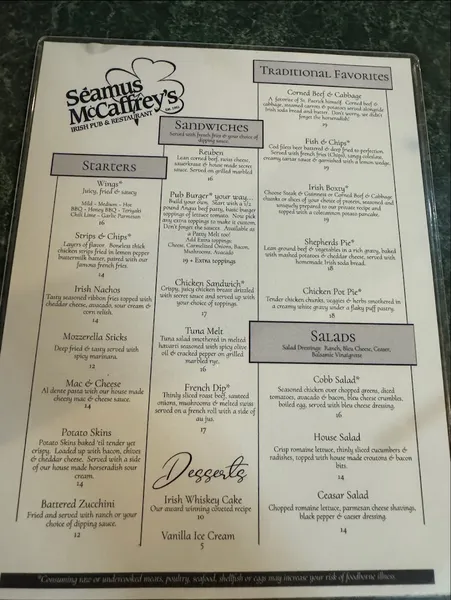 menu 0 of Seamus McCaffrey's Irish Pub