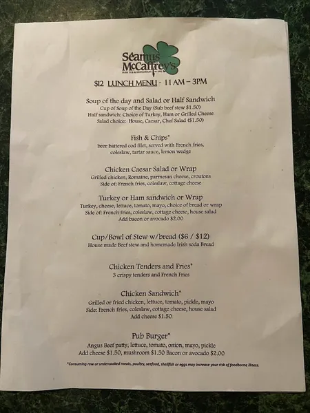 menu 2 of Seamus McCaffrey's Irish Pub