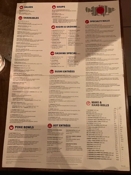 menu of RA Sushi Bar Restaurant