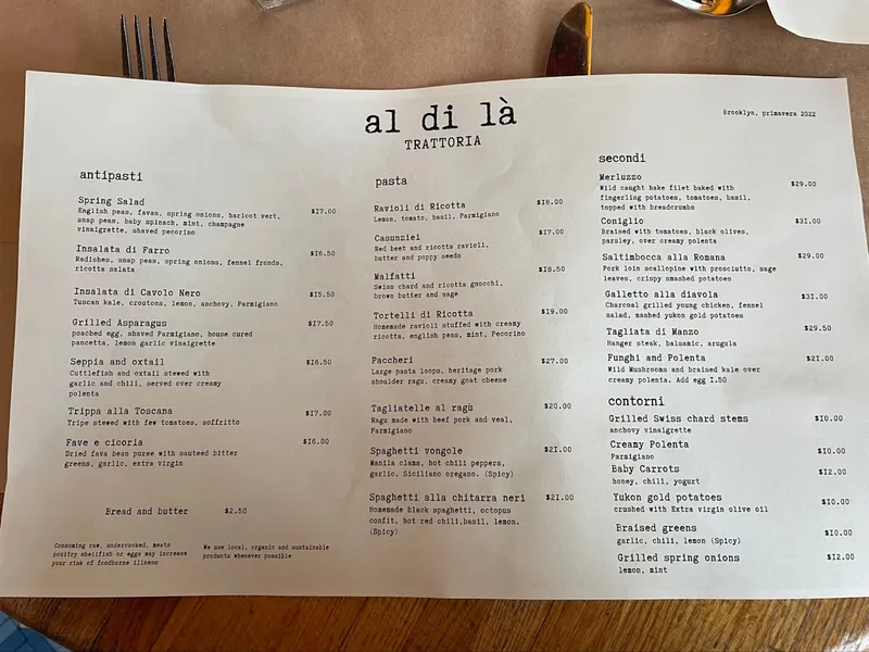 menu 0 of al di la Trattoria