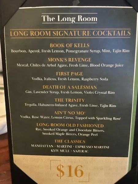 menu of The Long Room