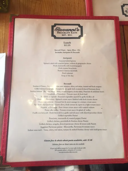 menu of Giovanni's Brooklyn Eats