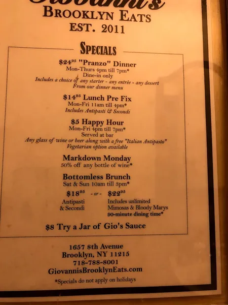 menu of Giovanni's Brooklyn Eats