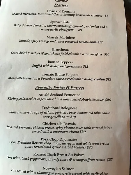 menu of Bellini's Bistro