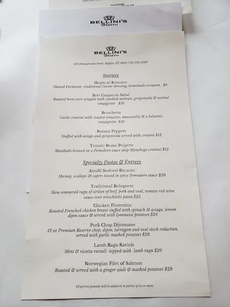 menu of Bellini's Bistro