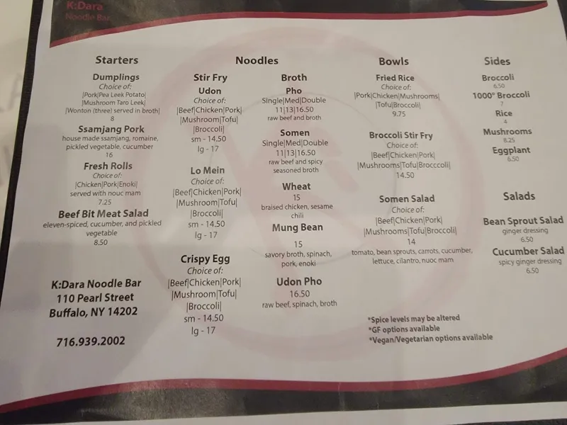 menu of K:Dara Noodle Bar