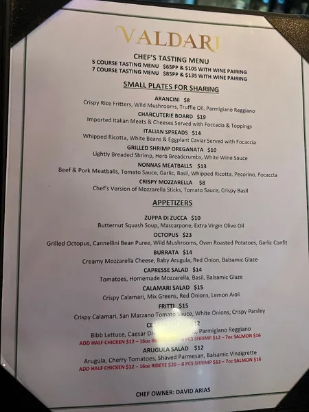 menu of Valdari NYC