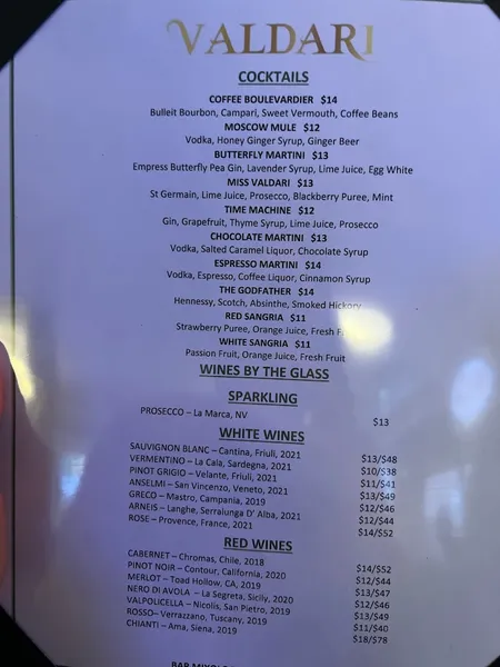 menu of Valdari NYC