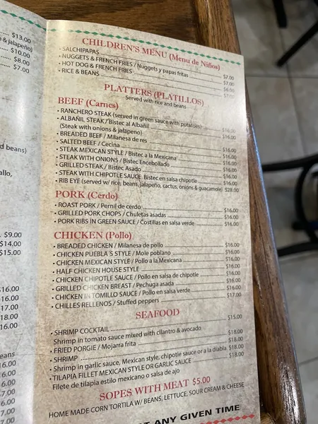 menu of Cinco de Mayo Mexican Grill