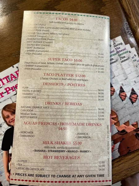 menu of Cinco de Mayo Mexican Grill