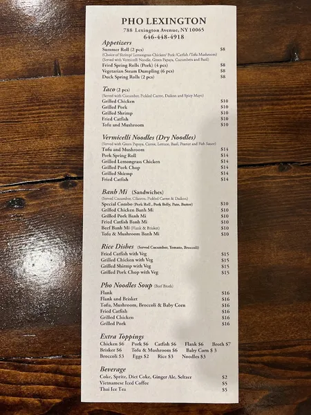 menu of The Pho Lexington