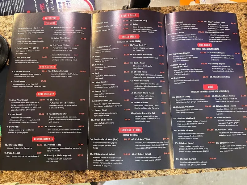 menu of Namaste Indian Grill