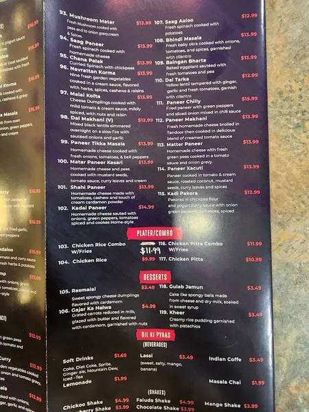 menu of Namaste Indian Grill