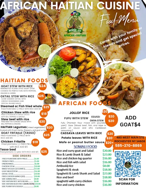 Menu BONGA-LO: AFRICAN HAITIAN CUISINE