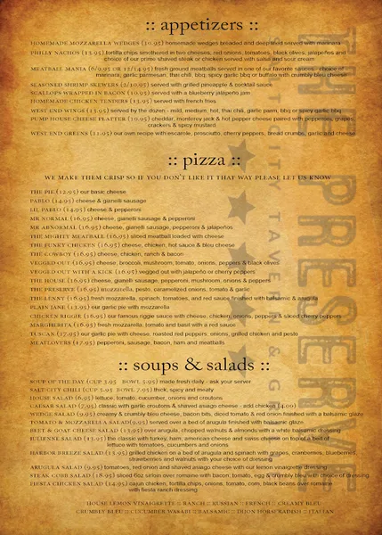 Menu The Preserve at 405