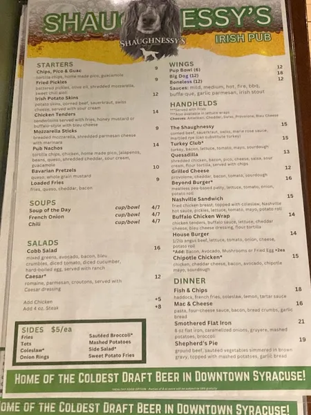 Menu Shaughnessy's Irish Pub