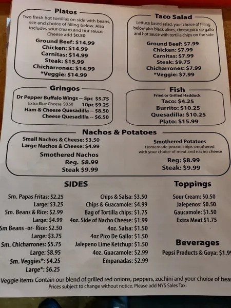 Menu Ponchito's Taqueria