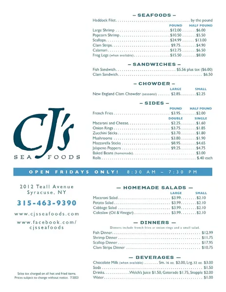 Menu CJ’s Seafoods