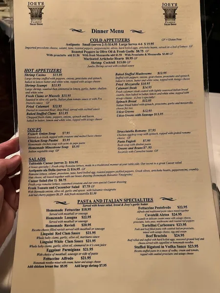 Menu Joey's Italian Restaurant and Pronto Joeys - Pronto Joeys open Mon-Sat 11am-9pm