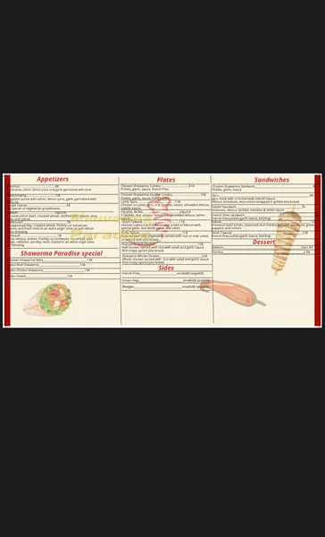 Menu Shawarma paradise