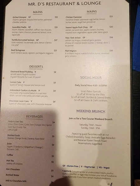 menu of Mr. D's Restaurant & Lounge