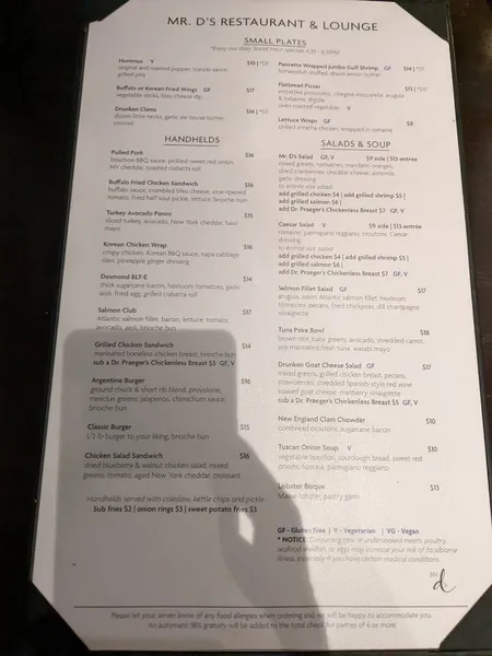 menu of Mr. D's Restaurant & Lounge