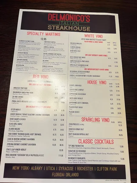 Menu Delmonico's Italian Steakhouse