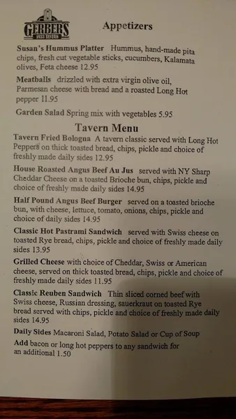 Menu Gerber's 1933 Tavern