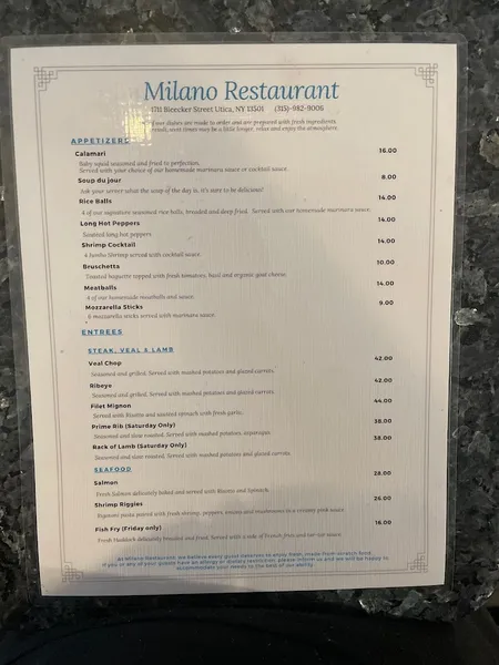 menu of Milano Restaurant