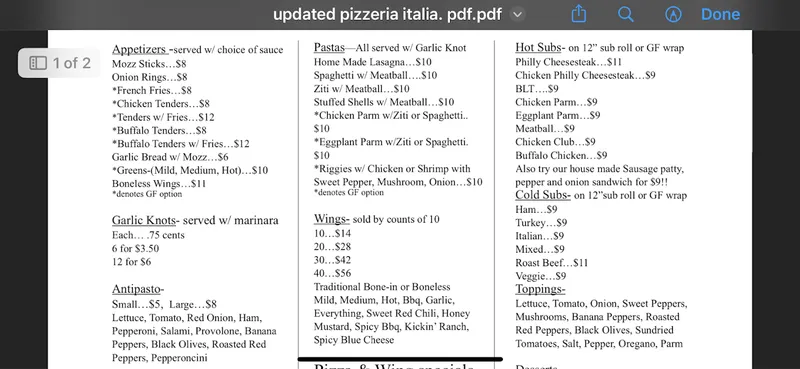 menu of Pizzeria Italia