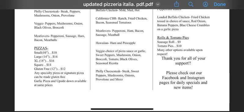 menu of Pizzeria Italia