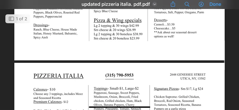 menu of Pizzeria Italia