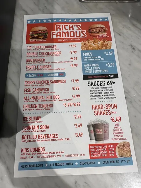 Menu Ricks Famous Juicy Burgers