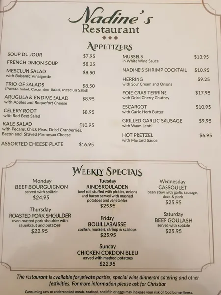 Menu Nadine's